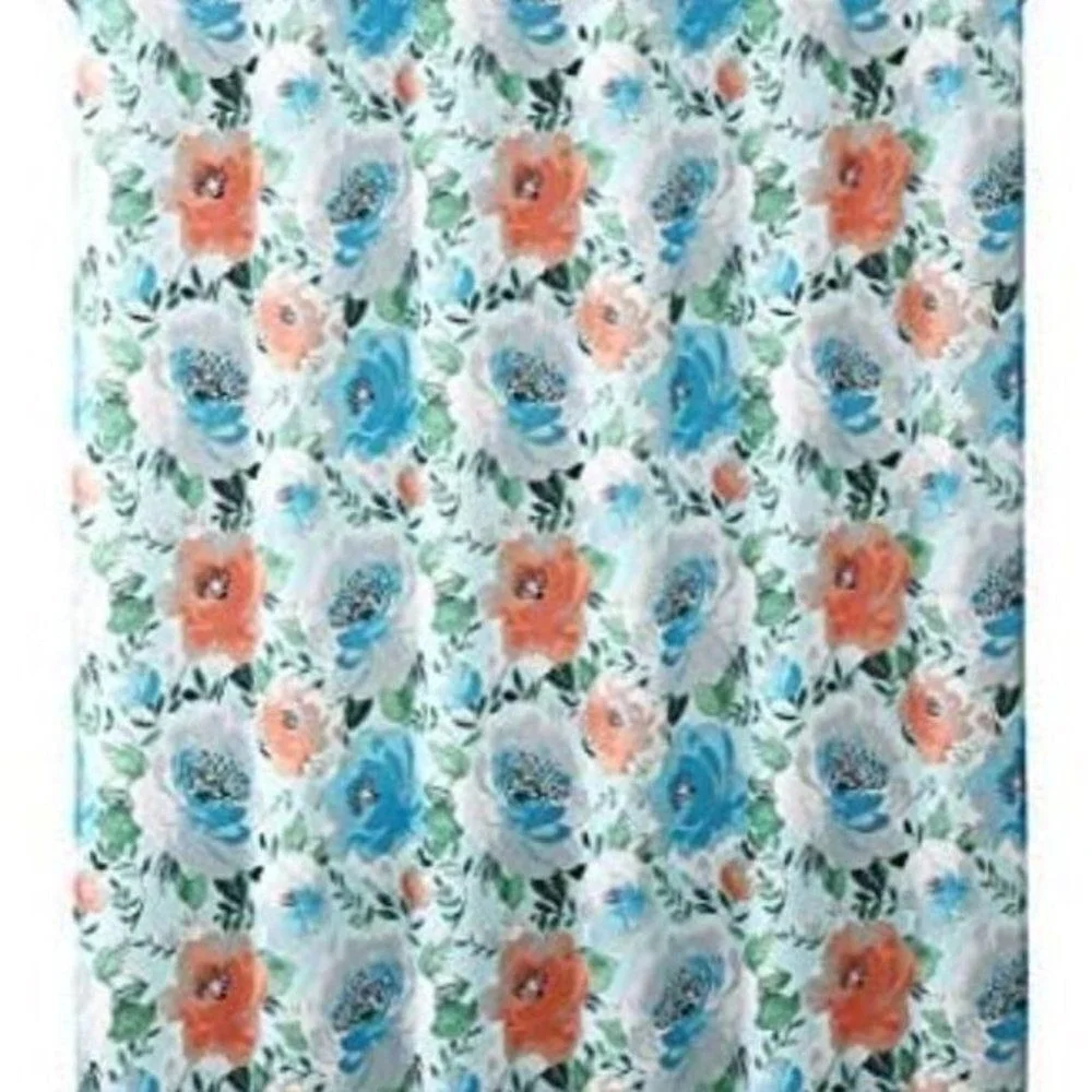 Freshee Floral Shower‎ Curtain Blue Coral Watercolor Antimicrobial Fabric New